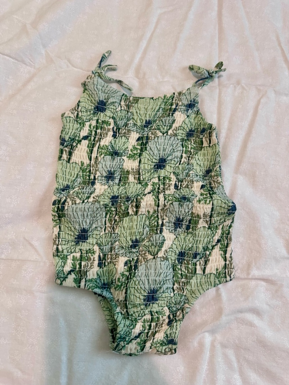 kate quinn Aqua Poppy Smocked One-Piece Bodysuit